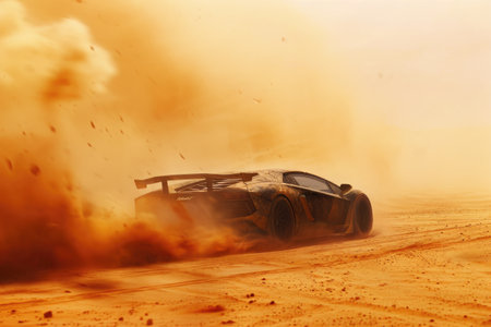 A red car speeds on a rugged dirt road that cuts through the arid desert landscape, A sports car traveling through a sandstorm in a desert, AI Generatedの素材