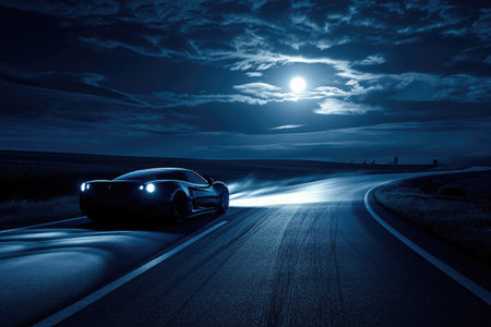 A car illuminated by headlights drives down a dimly lit road at night, A sports car under moonlight on a winding road, AI Generatedの素材
