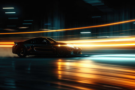 A car with headlights on drives down a busy city street at night, surrounded by buildings and illuminated by streetlights, A sports car zooming at the speed of light, AI Generatedの素材