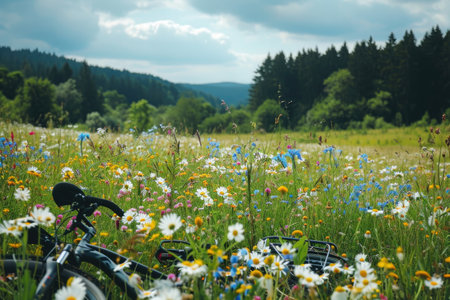Parked Bicycle Amidst Field of Wildflowers, A spring meadow filled with wildflowers, with a bike laying on the ground nearby, AI Generatedの素材