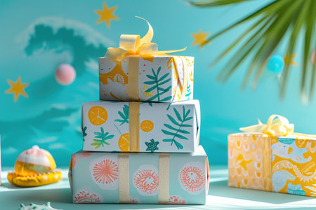 A stack of beautifully wrapped presents sits neatly on top of a sturdy table, A stack of gift boxes with sunny, beach-themed wraps, AI Generatedの素材