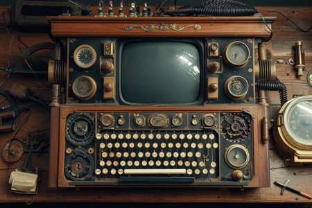 An image of an old fashioned television resting on top of a sturdy wooden table, A steampunk interpretation of a vintage computer, AI Generatedの素材