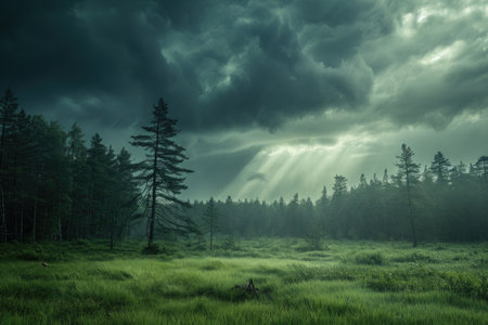 A grassy field with a dense forest as the backdrop, A storm as seen from the edge of the forest, AI Generatedの素材