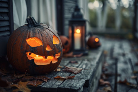 A pair of pumpkins sit on top of a sturdy wooden bench, showcasing the essence of autumn, A step back in time to a Halloween in the 1800s, AI Generatedの素材