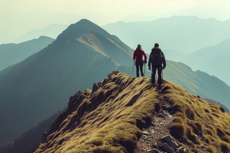 Two individuals proudly stand on the snow-covered mountaintop, taking in the breathtaking view, A strenuous mountain climb aided by a caring friend, AI Generatedの素材
