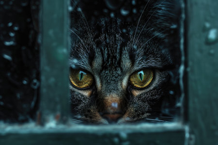 A close-up photo capturing a cats gaze as it looks out of a window, A storm seen through the eyes of a scared housecat, AI Generatedの素材