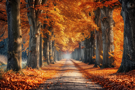 A dirt road winds through a forested area, enveloped by towering trees adorned with vibrant autumn leaves, A stunning panorama of a tree-lined avenue during fall, AI Generatedの素材