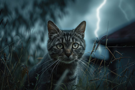 A gray cat stands in a grassy field as lightning strikes in the background, A storm seen through the eyes of a scared housecat, AI Generatedの素材