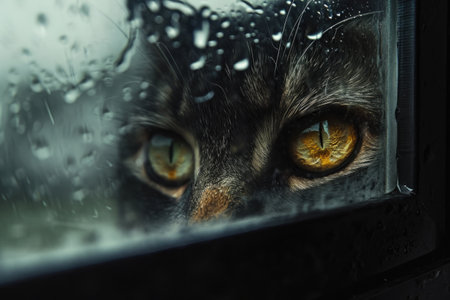 A cat is seen up-close as it looks attentively out of a window, A storm seen through the eyes of a scared housecat, AI Generatedの素材