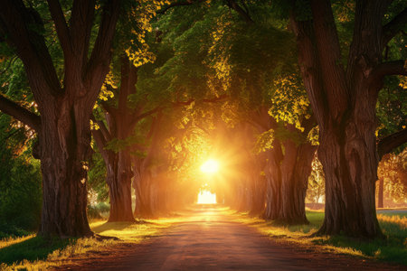 A view of the sun rays filtering through the foliage of trees, illuminating the road ahead, A sunrise peeking through a magnificent alley of elm trees in a park, AI Generatedの素材