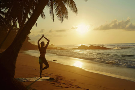 A person maintains balance while standing on a surfboard as gentle waves break on the shoreline of a sandy beach, A sunrise yoga session on a tranquil beach, AI Generatedの素材