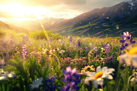A scenic view of a sprawling field filled with vibrant wildflowers, set against a backdrop of towering mountains, A sunlit valley filled with blooming wildflowers, AI Generatedの素材