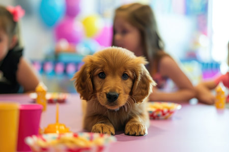 A cute puppy sits at a table while children can be seen in the background, A surprise puppy brought out at a child's birthday party, AI Generatedの素材