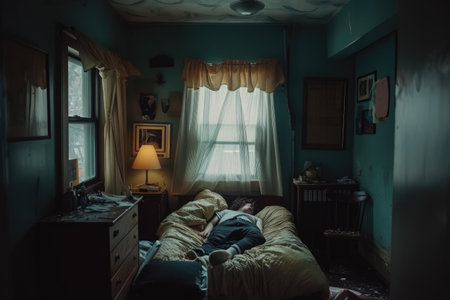A bed sits in a bedroom next to a window, providing a comfortable sleeping arrangement, A surreal portrayal of life under the shadow of opioid addiction, AI Generatedの素材