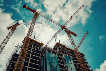 A group of cranes standing on top of a tall building, looking down onto the city below, A team of construction robots working on a skyscraper, AI Generatedの素材