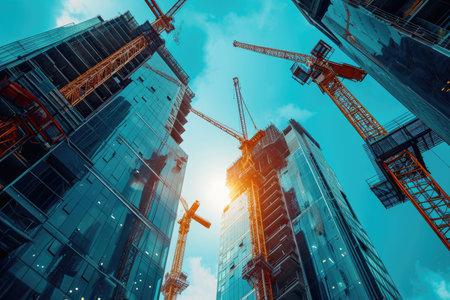 A gathering of cranes stands next to towering buildings in an urban environment, A team of construction robots working on a skyscraper, AI Generatedの素材