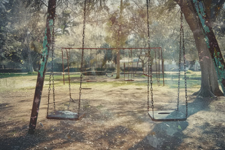 A photo of two swings in a park, positioned next to a tree, inviting visitors to enjoy the outdoor seating, A timeless, vintage playground with rusted swings and faded colors, AI Generatedの素材
