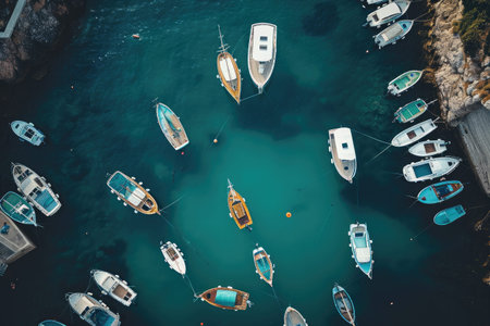 A collection of boats peacefully floating in a calm lake, illuminated by the warm light of the setting sun, A top-down view of a tranquil scene of boats anchored in a harbor, AI Generatedの素材