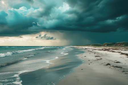 A beach with large waves crashing onto the shore, creating a scene of abundance and movement, A thunderstorm approaching a deserted beach, AI Generatedの素材