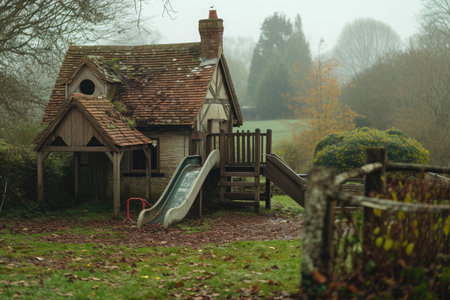 A charming small house with a colorful slide in the backyard, A tiny playground situated in an old English countryside, AI Generatedの素材