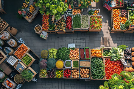A bustling market scene captured from above, showcasing a colorful fruit and vegetable stand surrounded by shoppers and vendors, A top-down view of a bustling farmers market, AI Generatedの素材
