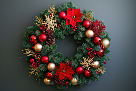 Festive Christmas Wreath Adorned With Red and Gold Ornaments, A traditional Christmas wreath with red and gold baubles, AI Generatedの素材