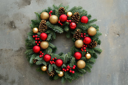 A beautifully decorated Christmas wreath featuring a vibrant arrangement of red and gold ornaments, A traditional Christmas wreath with red and gold baubles, AI Generatedの素材