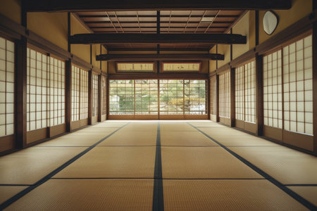An unoccupied room featuring traditional tata mats placed on the floor, A traditional Japanese empty classroom with tatami flooring, AI Generatedの素材