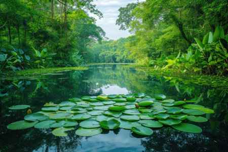 A body of water is filled with a vast number of water lilies, creating a serene and picturesque scene, A tranquil lake with water lilies surrounded by lush greenery, AI Generatedの素材