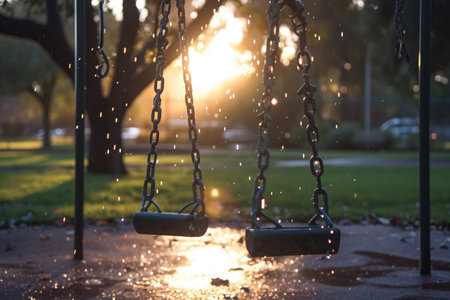 A swing in a park, with sunlight streaming through the trees, creating a serene and inviting atmosphere, A tranquil playground early in the morning, with dew on the swings, AI Generatedの素材