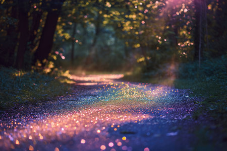 A winding path through a dense forest adorned with numerous lights casting a magical glow, A trail of glittering confetti left behind by a magical creature, AI Generatedの素材