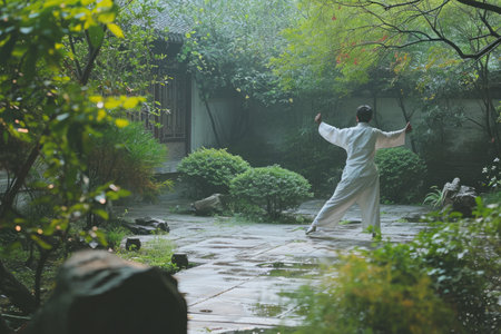 A man wearing a white robe joyfully dances in the midst of a rain shower, A tranquil tai chi practice in a peaceful garden, AI Generatedの素材