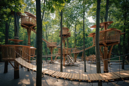 A wooden cabin stands amidst a dense forest, surrounded by towering pine trees and bathed in dappled sunlight, A treetop playground with ziplines and treehouse structures, AI Generatedの素材