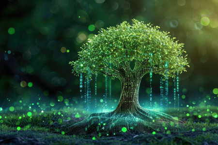A young Quercus Alba tree sprouting out of the ground with its roots in full view, A tree with leaves made of blockchain elements, AI Generatedの素材