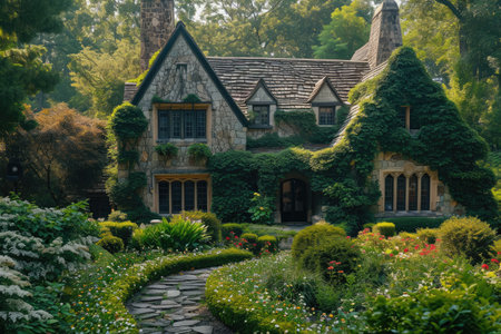 A traditional house with a stone pathway leading to the front entrance, surrounded by greenery, A Tudor-style cottage with ivy-clad walls sitting amidst an English garden, AI Generatedの素材