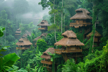 A cluster of huts situated amidst a dense forest, showcasing a tranquil retreat in nature, A treehouse village nestled in a tropical rainforest, AI Generatedの素材