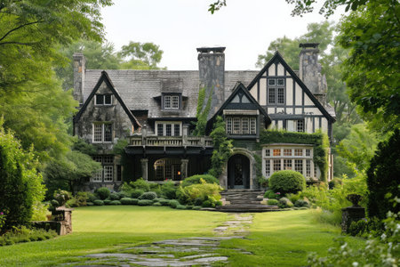 A large house stands majestically in the center of a lush green park, surrounded by trees and beautiful landscapes, A Tudor-style home in a serene countryside, AI Generatedの素材