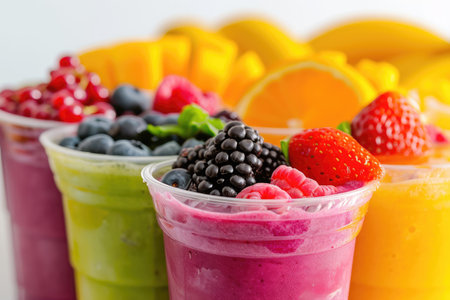 Close-up of Three Cups of Food: Rice, Salad, and Chicken, A vibrant, colorful display of various fruit smoothies in takeaway cups, AI Generatedの素材