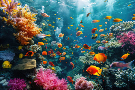 A dynamic scene of numerous fish swimming in a large group above a colorful coral reef, A vibrant coral reef bustling with tropical fish and marine life, AI Generatedの素材