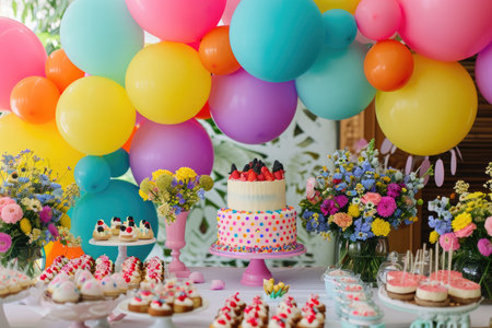 A table covered with a delicious-looking cake and numerous vibrant balloons, A vibrant birthday party with beautifully decorated balloons and cake, AI Generatedの素材