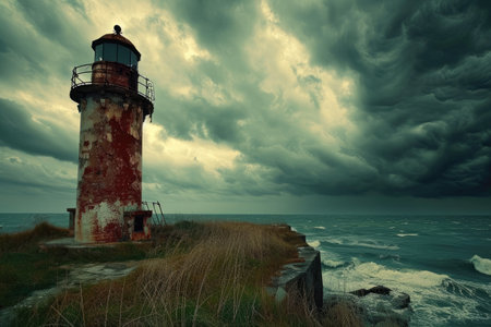 A red and white lighthouse stands atop a cliff, providing guidance and safety to passing ships in the vast expanse of the sea, Abandoned lighthouse under stormy skies, AI Generatedの素材