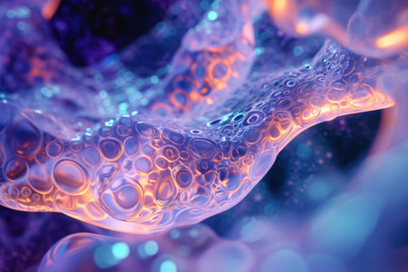 This close-up photo captures the intricate details of the vibrant blue and purple petals of a flower, Abstract envisioning of a bio-luminescent sea life in the future, AI Generatedの素材