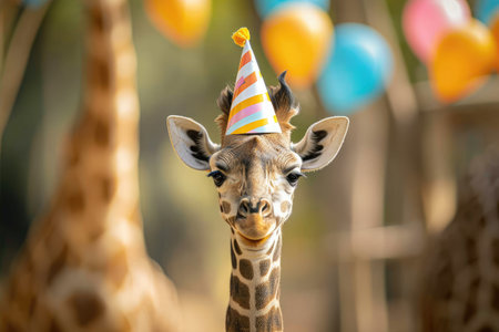 A young giraffe at the zoo is wearing a festive party hat on its head, adding a touch of celebration to its appearance, Adorable zoo animals ready for a birthday bash, AI Generatedの素材