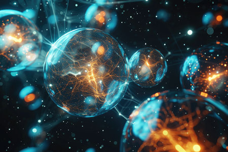 Multiple vivid bubbles of various sizes floating gracefully in the air against a clear blue sky, Abstract thought bubbles containing cybersecurity concepts, AI Generatedの素材