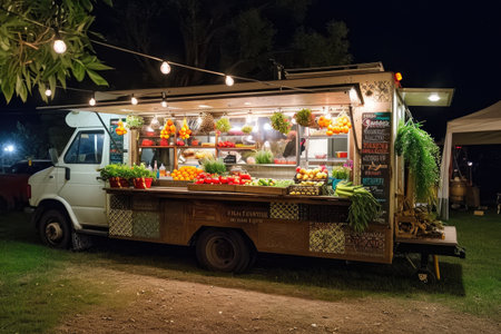 A food truck illuminated by artificial lights stands parked in a field under a dark night sky, Agriculture-themed food truck at a local food event, AI Generatedの素材