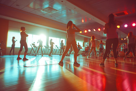 A group of people energetically dancing and practicing choreography in a well-lit dance studio with mirrors on the walls, Aerobics class scenario captured in a gym, AI Generatedの素材