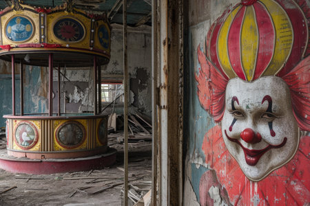 A vibrant and detailed painting of a clowns face adorns the side of a building, bringing a touch of whimsy to the urban landscape, An abandoned circus with eerie, ghostly clowns, AI Generatedの素材