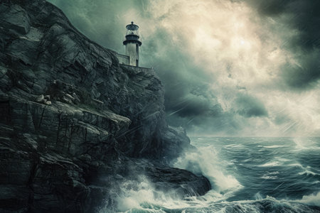 A sturdy lighthouse perched atop a rugged cliff, providing a guiding light to ships navigating the vast ocean, An abandoned lighthouse on a cliff in a stormy sea, AI Generatedの素材