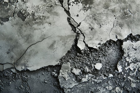 This black and white photo showcases a close-up of a cracked concrete surface, revealing intricate patterns and textures, An abstract representation of a self-healing concrete, AI Generatedの素材