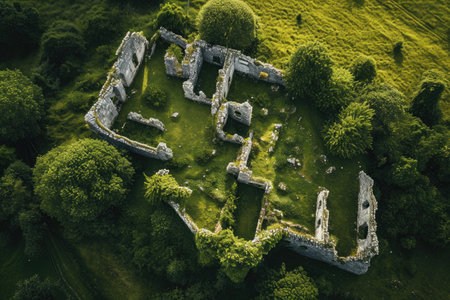 An aerial photograph showing a castle situated amidst a dense forest of trees, An aerial shot of historic ruins amidst a green landscape, AI Generatedの素材